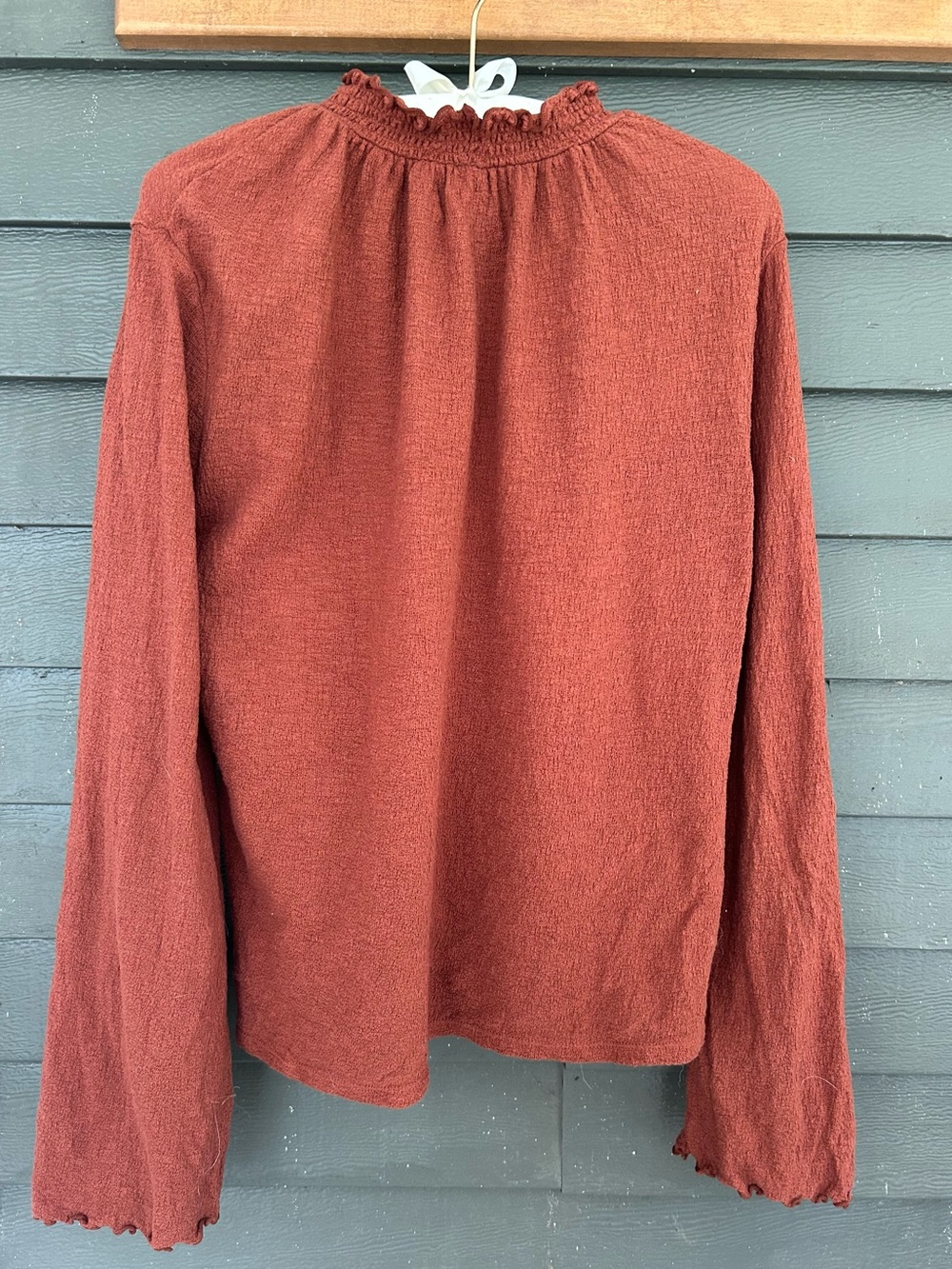 Madewell Rust Red Long-Sleeve Ruffle Neck Women's Top
